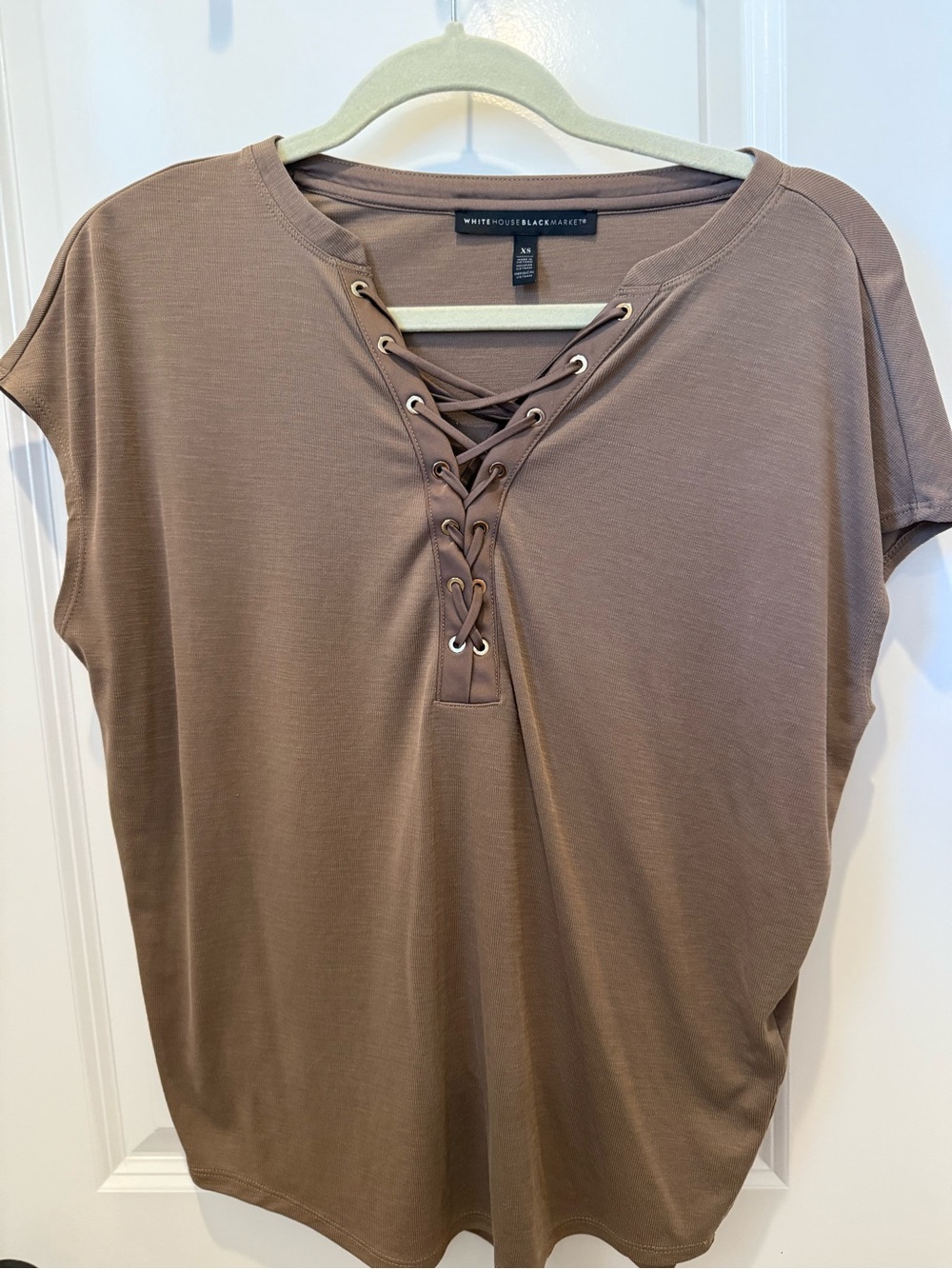 White House Black Market Taupe Lace-Up Short Sleeve Top